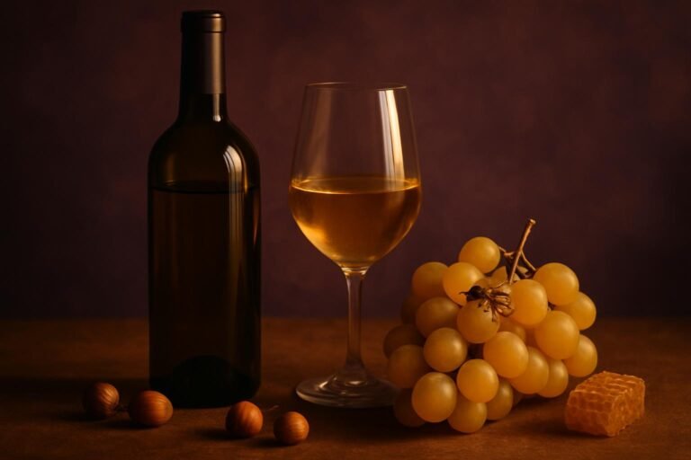 Glass and bottle of Fiano with golden grapes, hazelnuts and honeycomb
