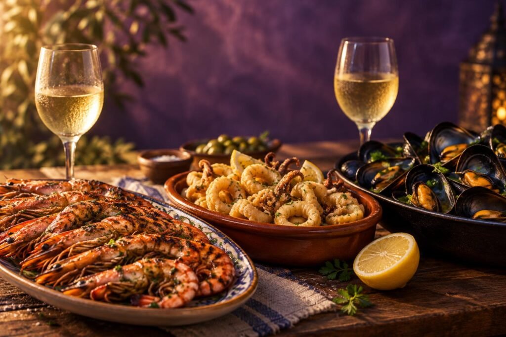 Albariño Wine Pairing: The Foods It Was Built For 2 Grilled prawns, fried squid and mussels with two glasses of chilled white wine
