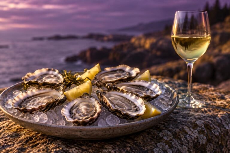 A platter of oysters with lemon beside a glass of crisp white wine