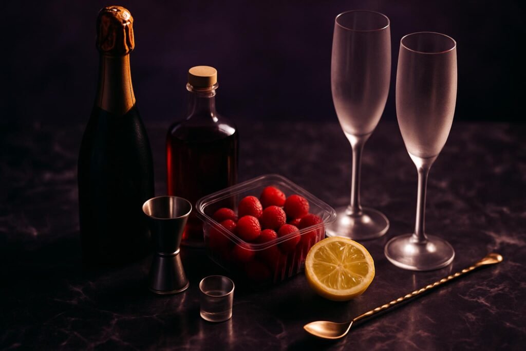 Ingredients for a French Kiss cocktail laid out on a dark bar: sparkling wine, raspberry liqueur, vodka, raspberries and lemon