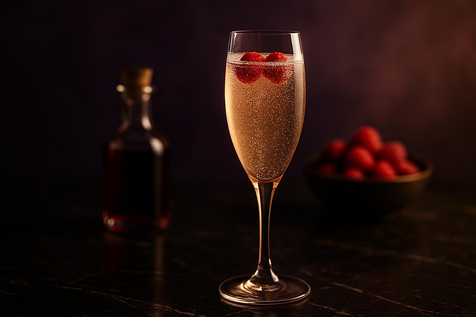 French Kiss cocktail: pink sparkling wine in a champagne flute with fresh raspberries floating on top