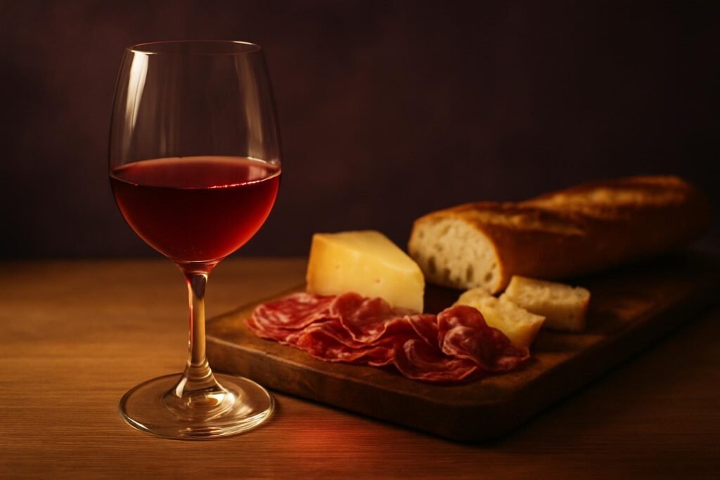 Glass of Gamay beside a charcuterie picnic board