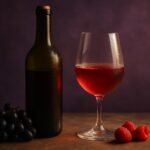 Chilled glass and bottle of Gamay with dark grapes and raspberries