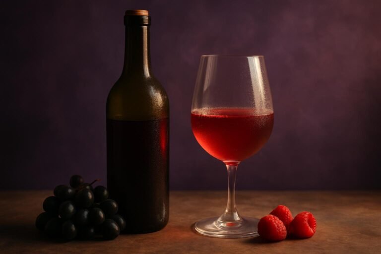 Chilled glass and bottle of Gamay with dark grapes and raspberries