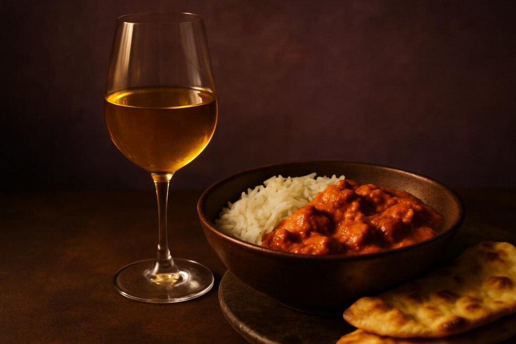 Glass of Gewürztraminer beside a bowl of tikka masala with naan