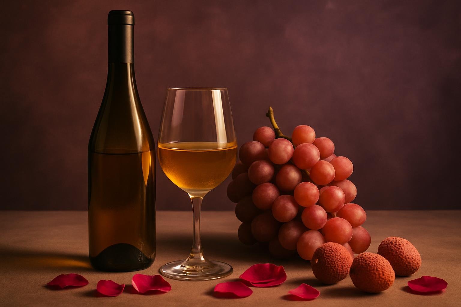 Glass and bottle of Gewürztraminer with pink grapes, lychees and rose petals