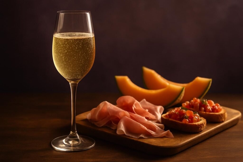 Glass of Prosecco beside prosciutto, melon and bruschetta