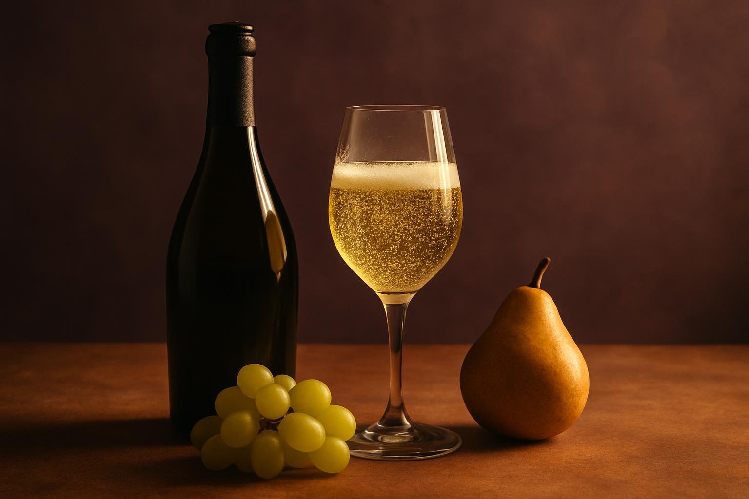 Glass and bottle of sparkling Prosecco with green grapes and a pear