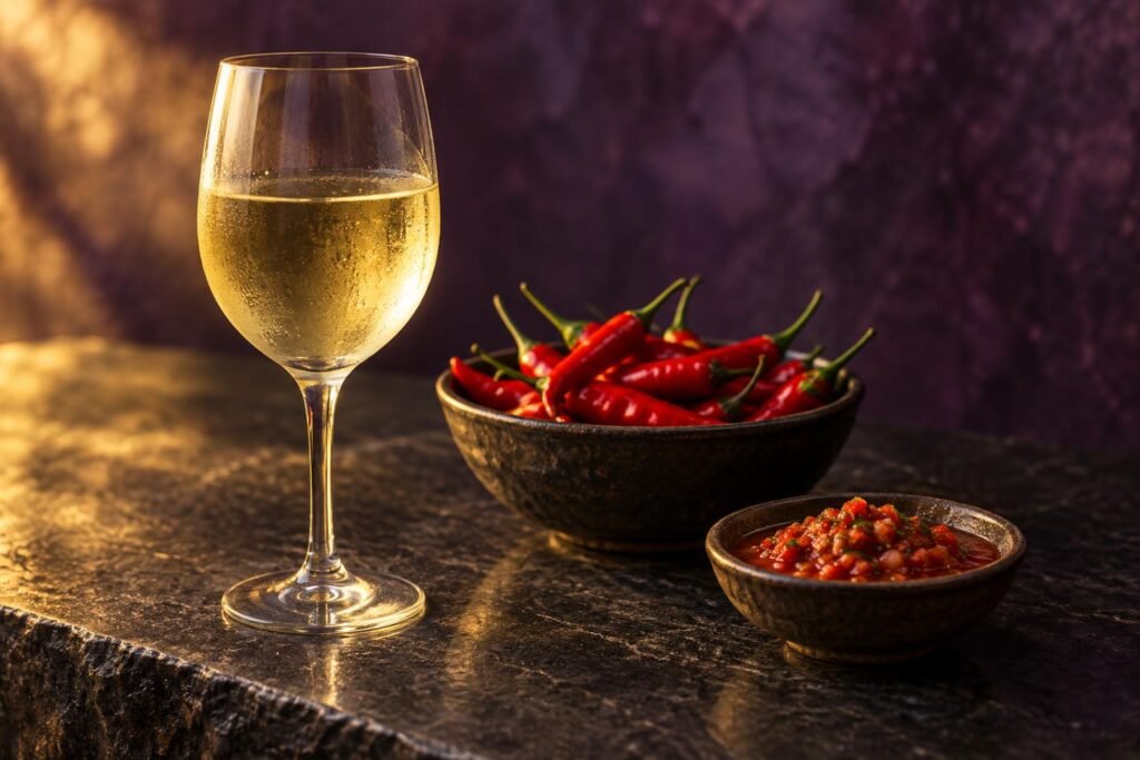 A chilled glass of white wine beside red chillies and a dish of salsa