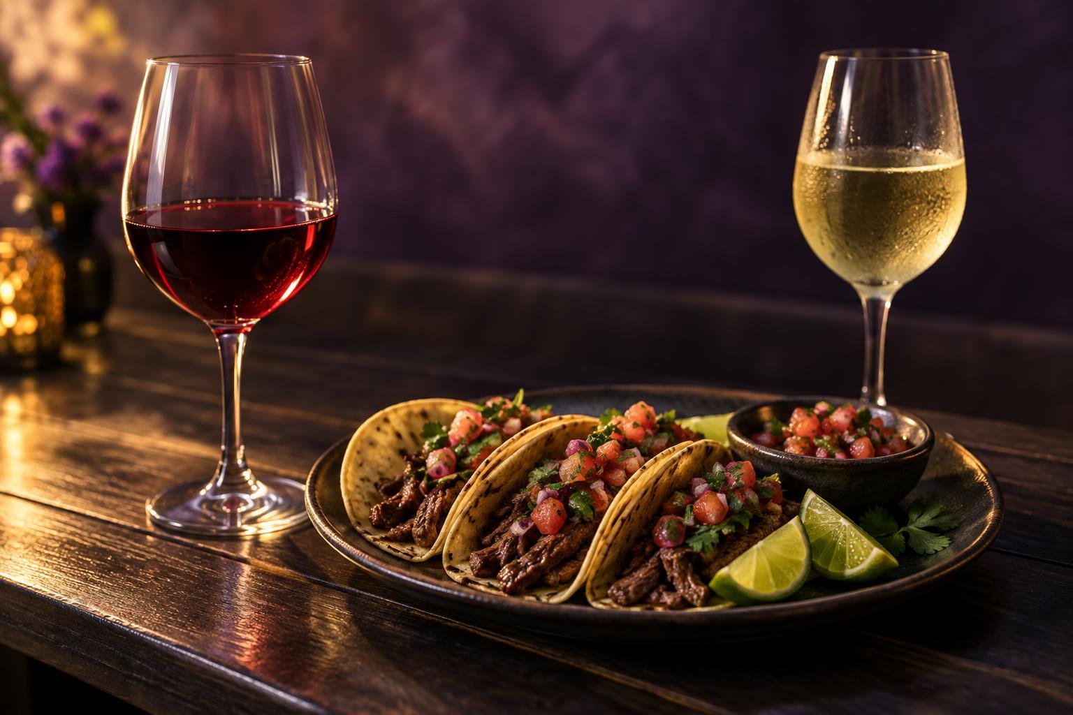 A glass of red wine and a glass of white beside beef tacos with lime and salsa
