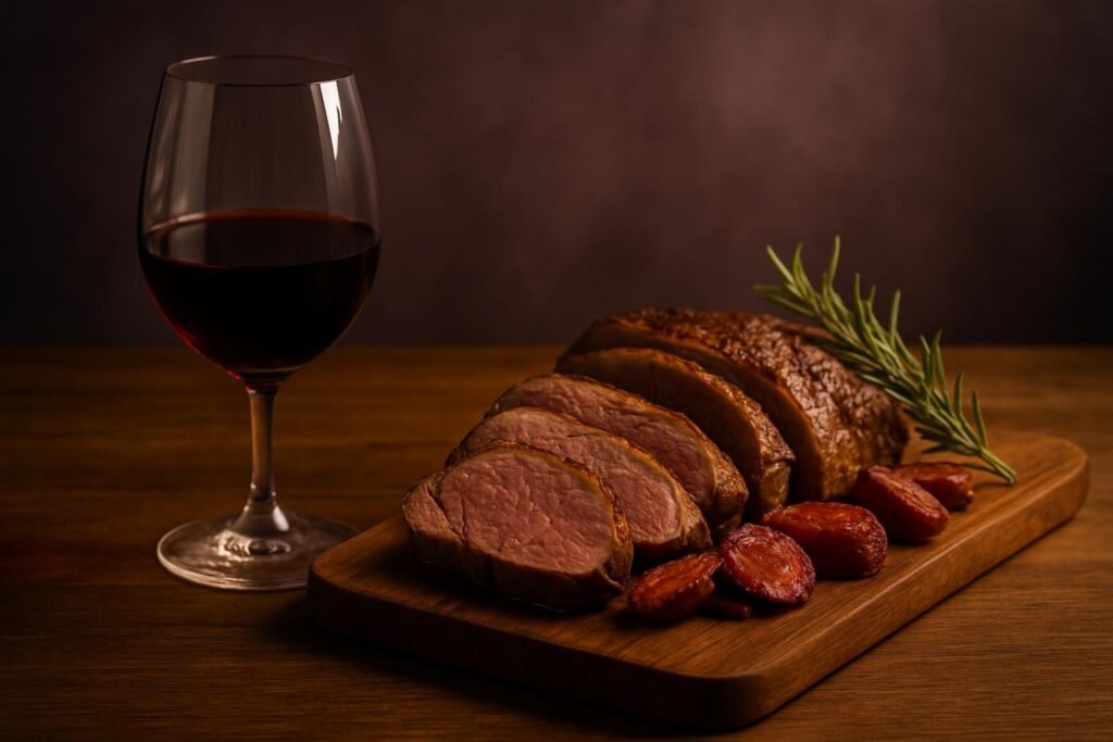 Glass of Grenache beside roast lamb with rosemary and chorizo on a timber table