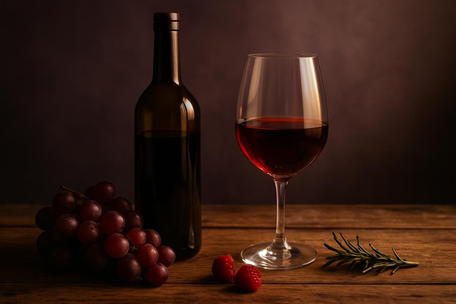 Bottle and glass of Grenache with red grapes, rosemary and raspberries on a timber table