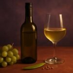 Glass and bottle of Grüner Veltliner with green grapes, white peppercorns and a snow pea
