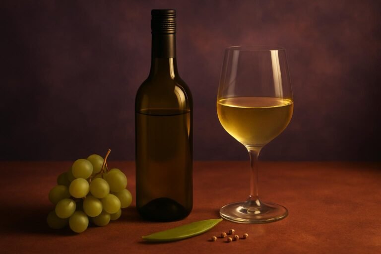 Glass and bottle of Grüner Veltliner with green grapes, white peppercorns and a snow pea
