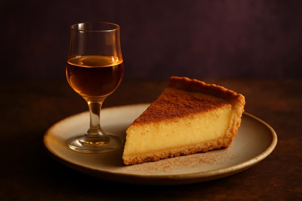 Glass of Hanepoot beside a slice of milk tart