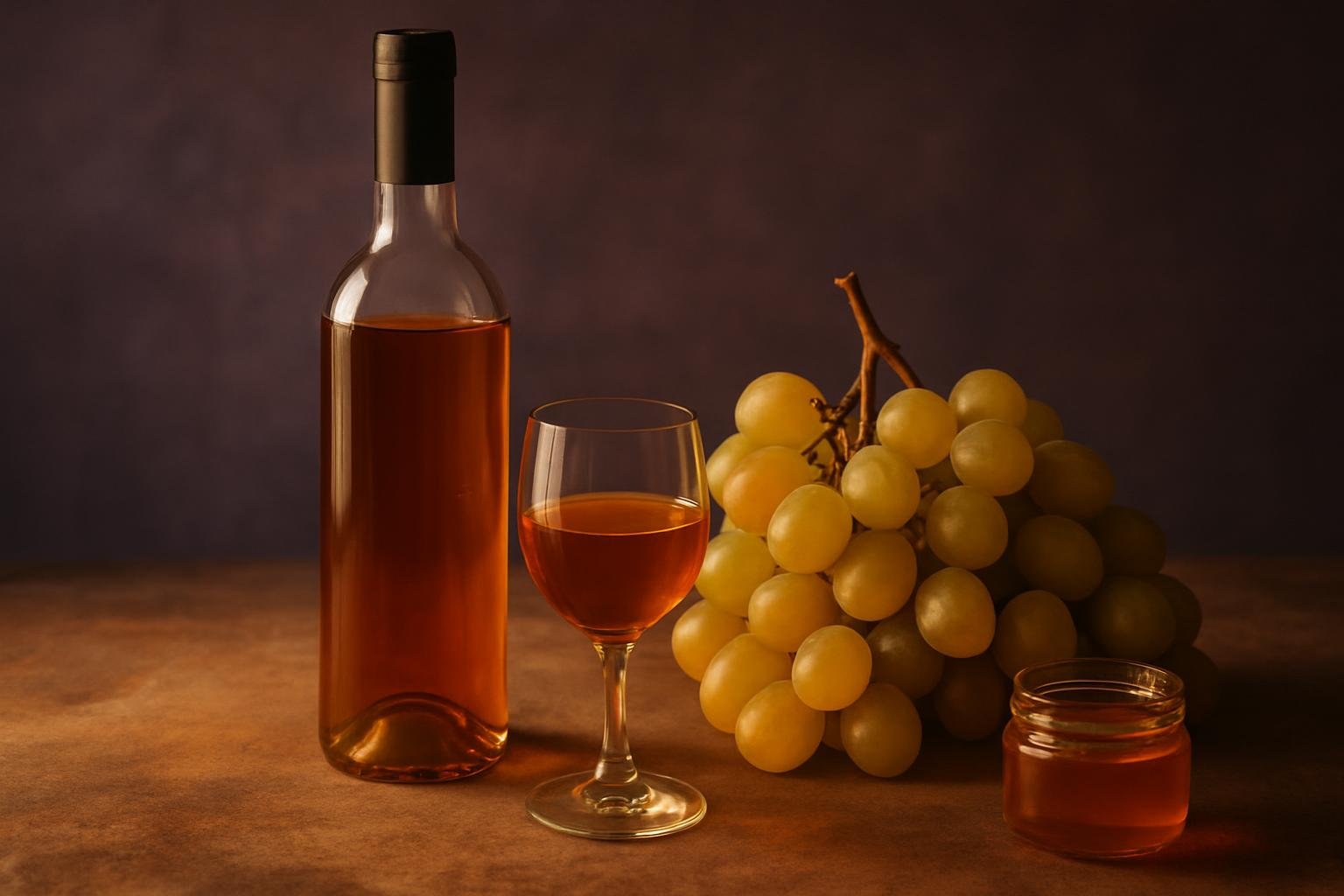 Glass and bottle of golden Hanepoot with Muscat grapes and honey