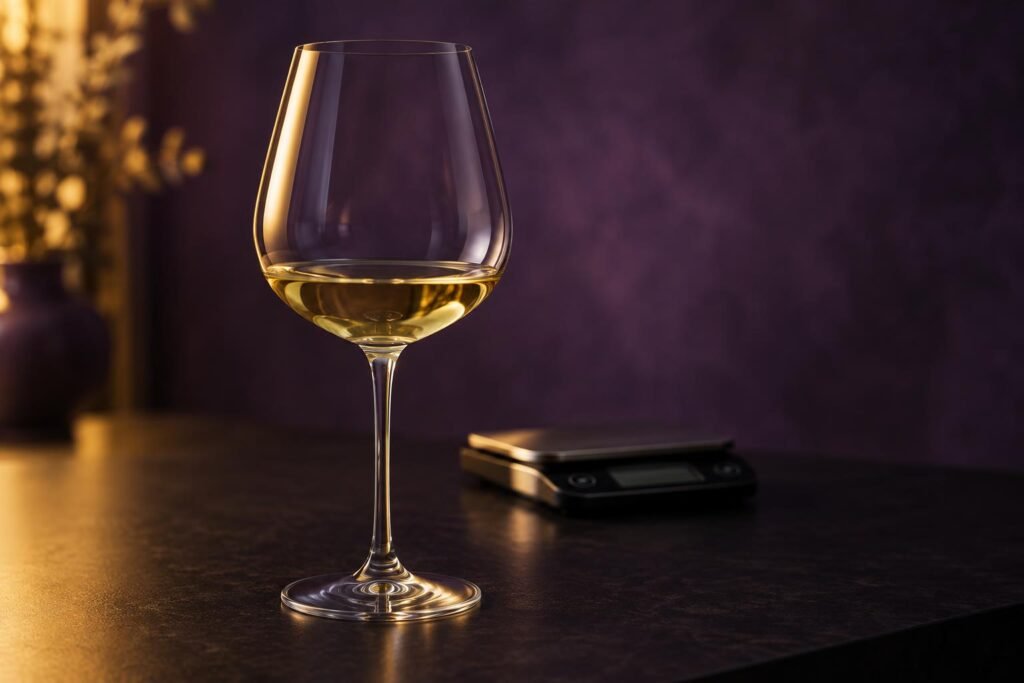 A small measured pour of wine sitting low in a large glass