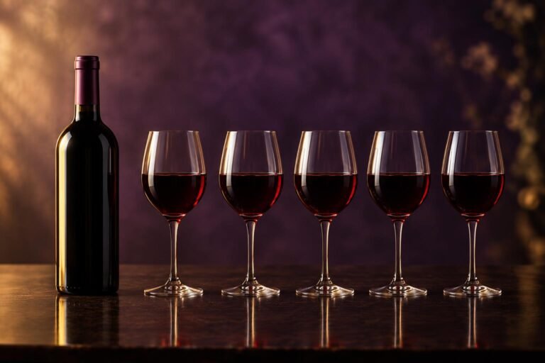 A wine bottle beside five filled glasses in a row