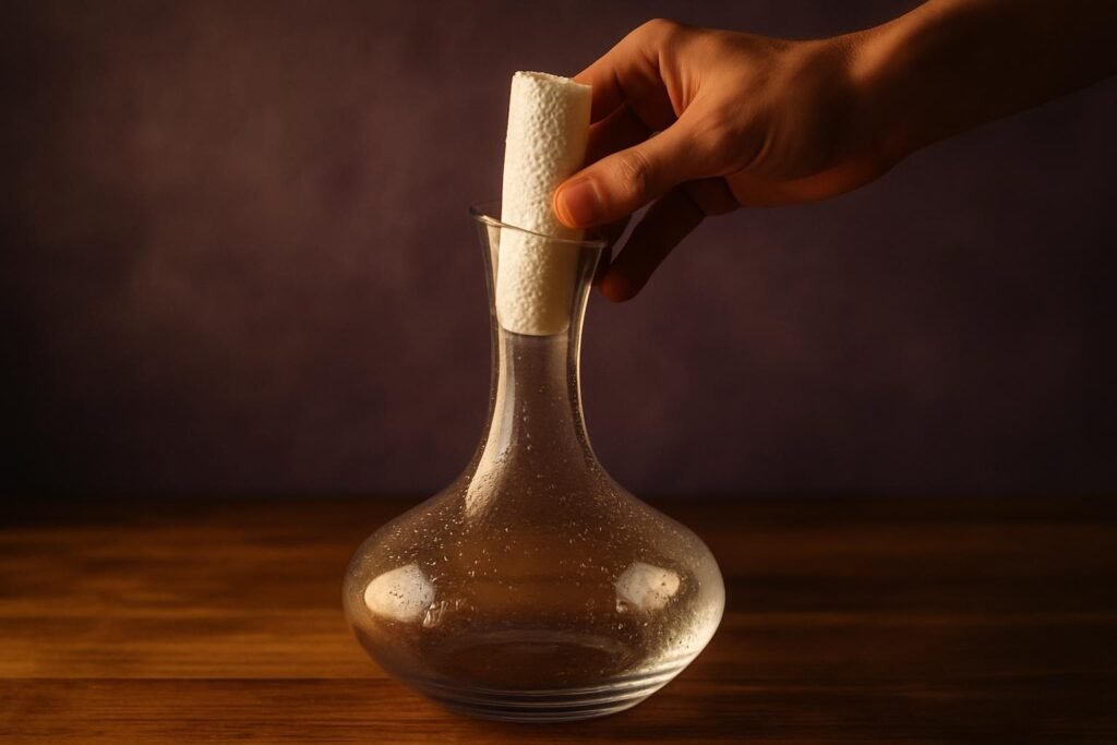 Rolled paper towel being fed into the neck of a decanter