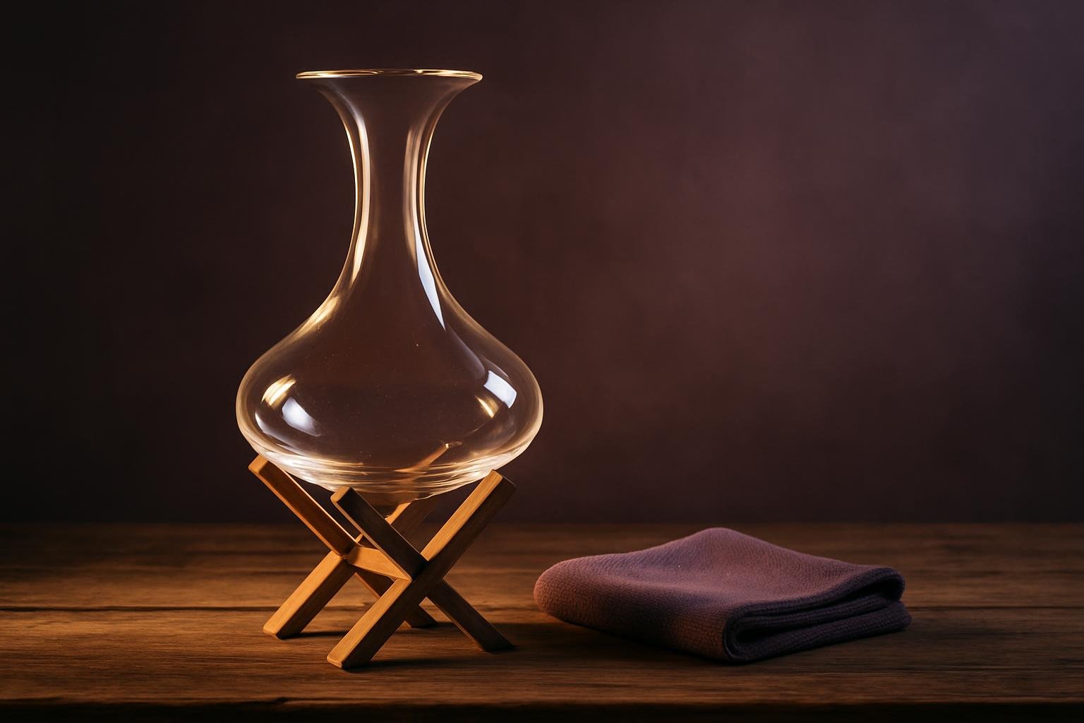 Crystal decanter drying upside down on a wooden stand