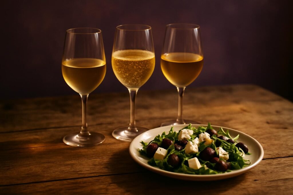 Three glasses of white and sparkling wine beside a rocket and feta salad