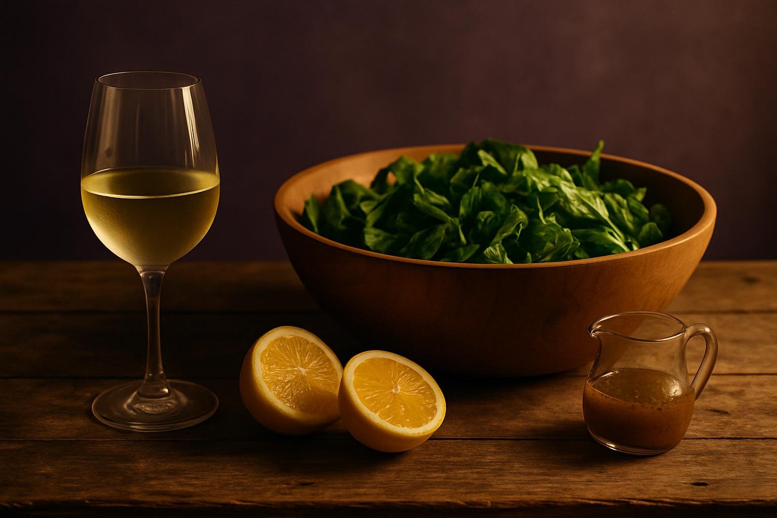 Glass of white wine beside a green salad and a jug of vinaigrette
