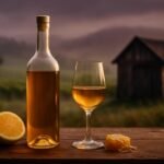 Glass of golden aged Semillon, Hunter Valley vineyards behind