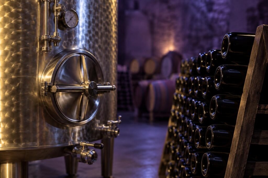 A steel fermentation tank beside bottles resting in a cellar rack