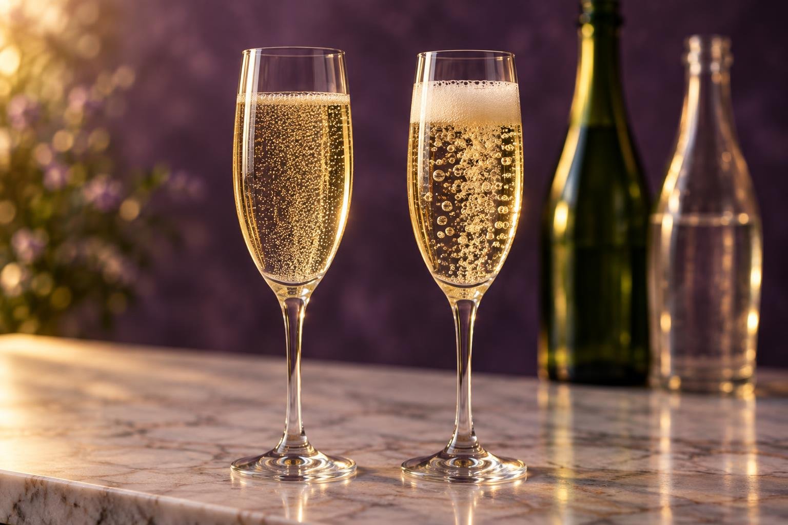 Two glasses of sparkling wine side by side with different bubbles