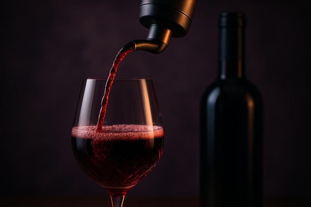 Red wine pouring from an electric aerator spout into a glass