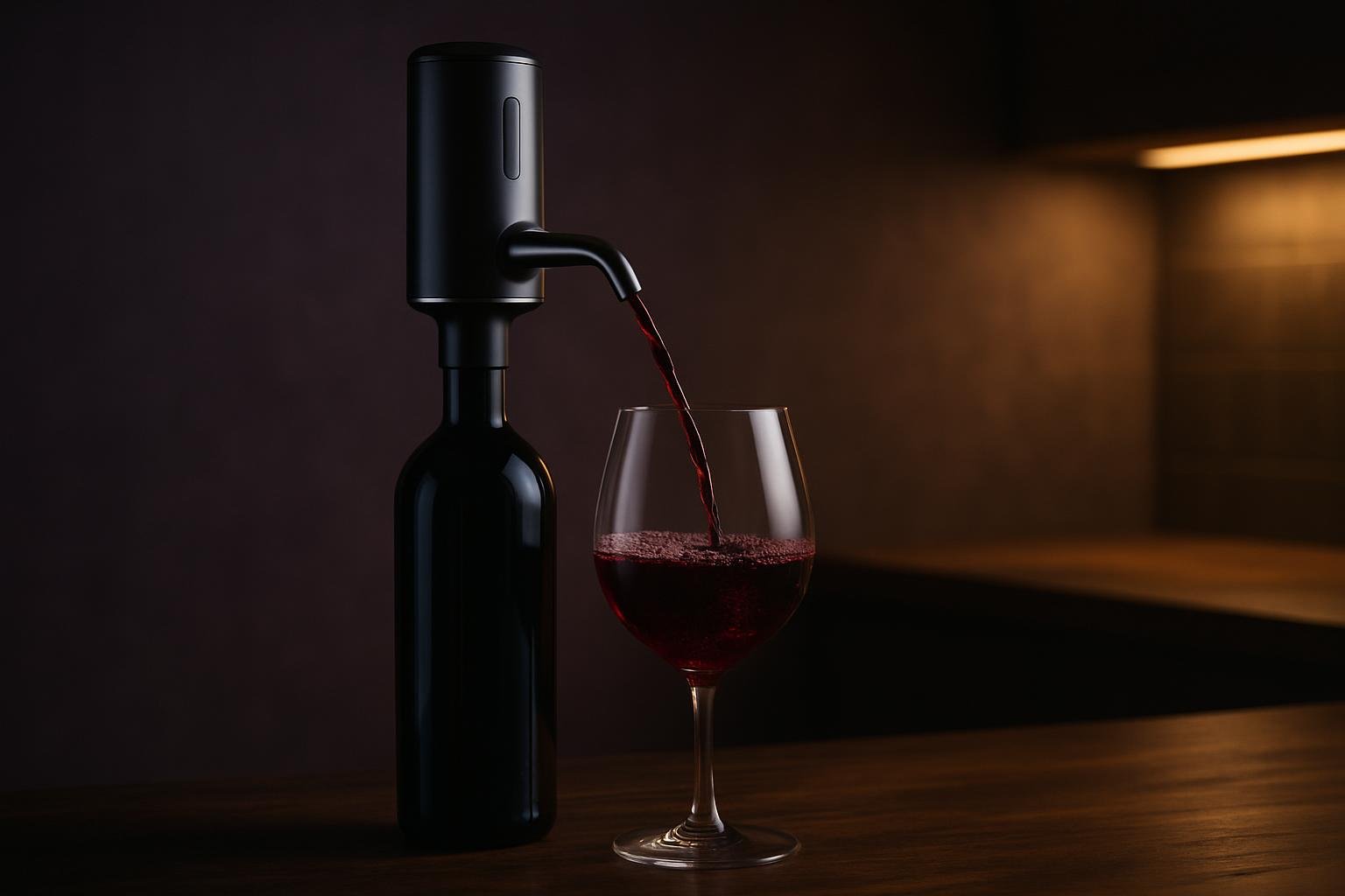 Electric wine aerator pump on a bottle of red wine pouring into a glass