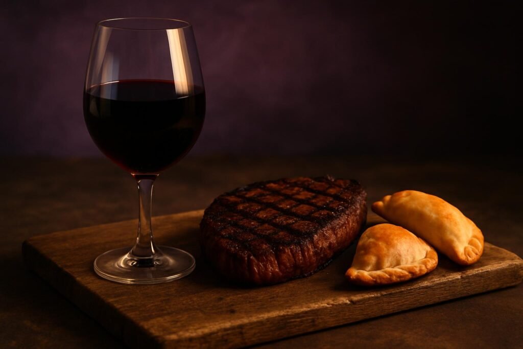 Malbec Wine Guide: The Bold Adventurer 2 Glass of Malbec beside chargrilled steak and empanadas on a rustic board