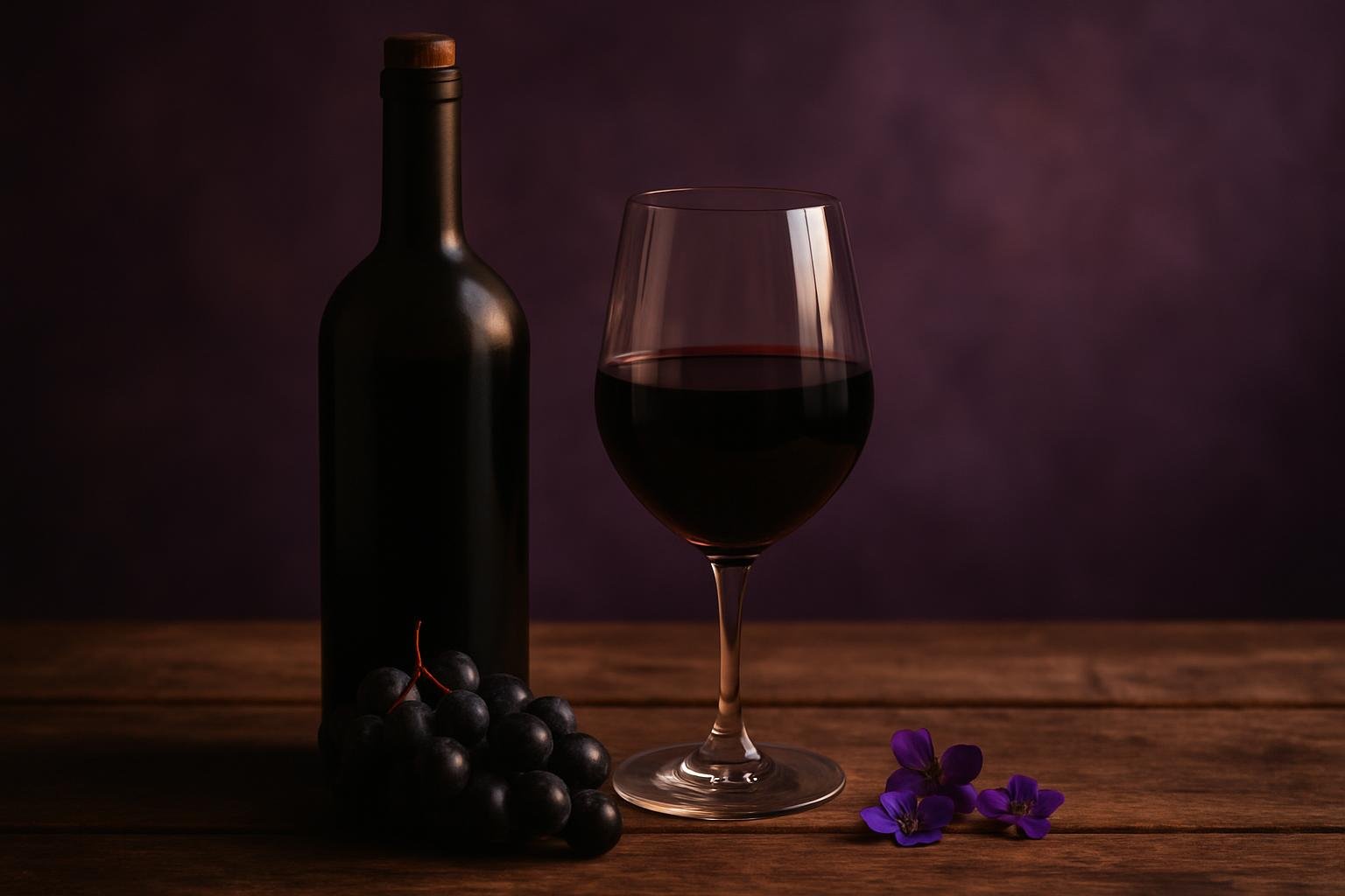 Bottle and glass of deep purple Malbec with dark grapes and violets on a timber table
