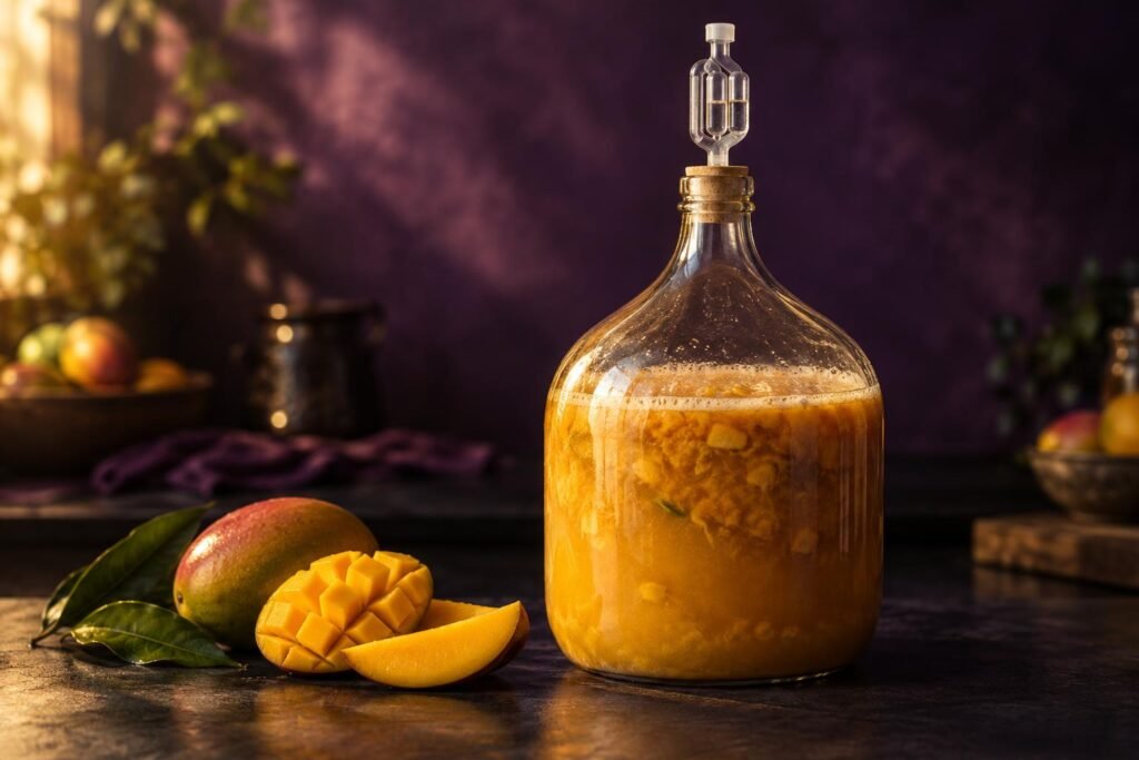 A glass fermenting vessel of golden fruit pulp with an airlock beside sliced mango