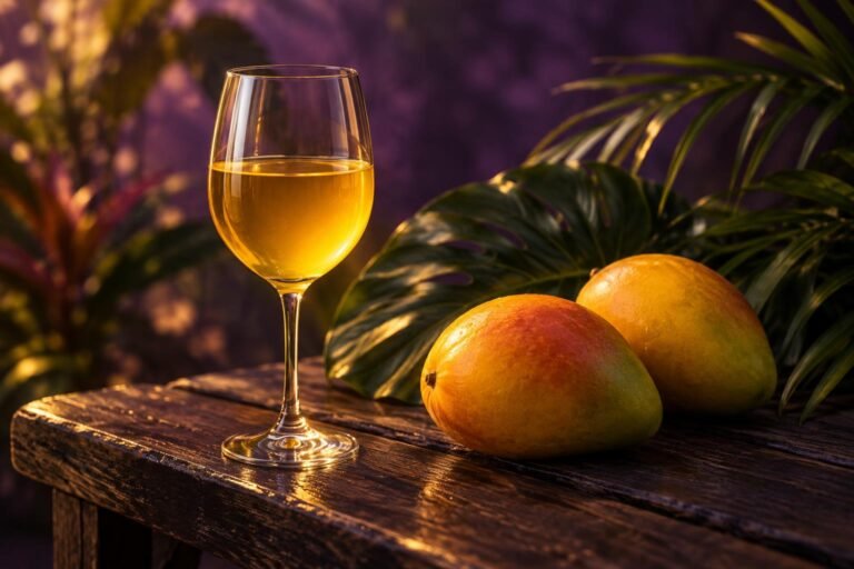 Mango Wine: What It Is, How It Is Made and Where to Buy It 4 A glass of golden mango wine beside two ripe mangoes on a dark bench