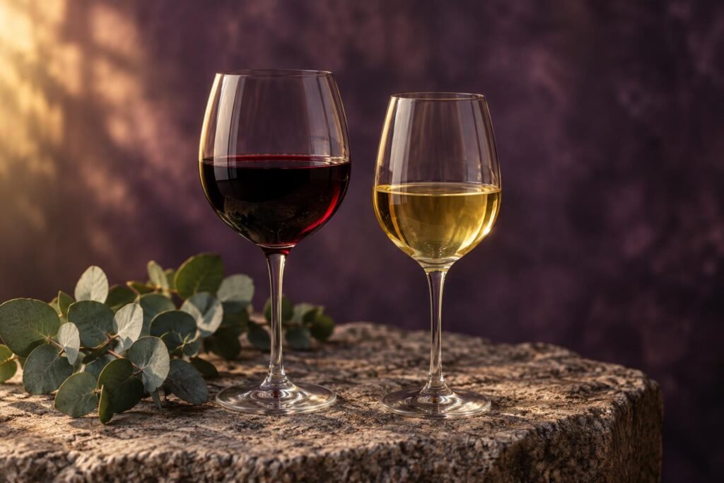 Margaret River Wine Region: Cabernet, Chardonnay and Where to Start 2 A glass of Cabernet beside a glass of Chardonnay on stone