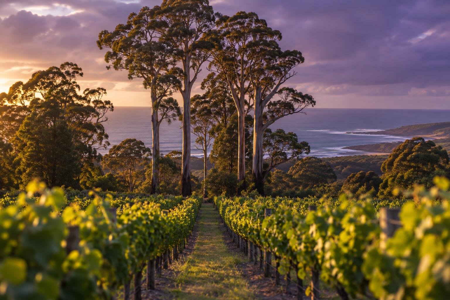 Vineyard rows running towards tall trees with the ocean beyond