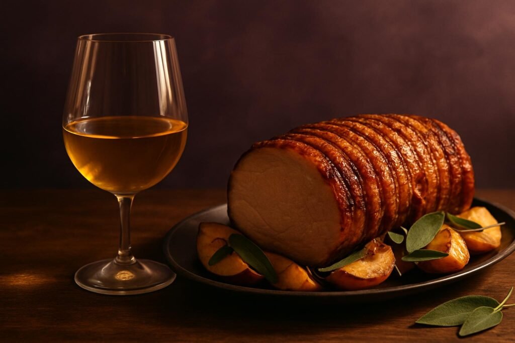 Glass of Marsanne beside roast pork with apples