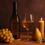 Glass and bottle of Marsanne with golden grapes, a pear, honeysuckle and a beeswax candle