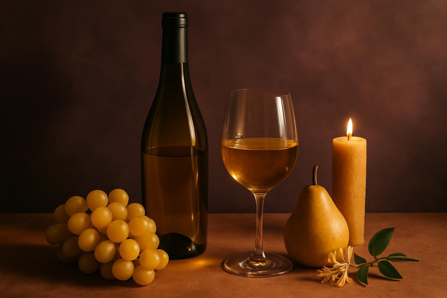 Glass and bottle of Marsanne with golden grapes, a pear, honeysuckle and a beeswax candle