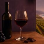 Glass of Shiraz with grapes, McLaren Vale vineyards and the coast behind