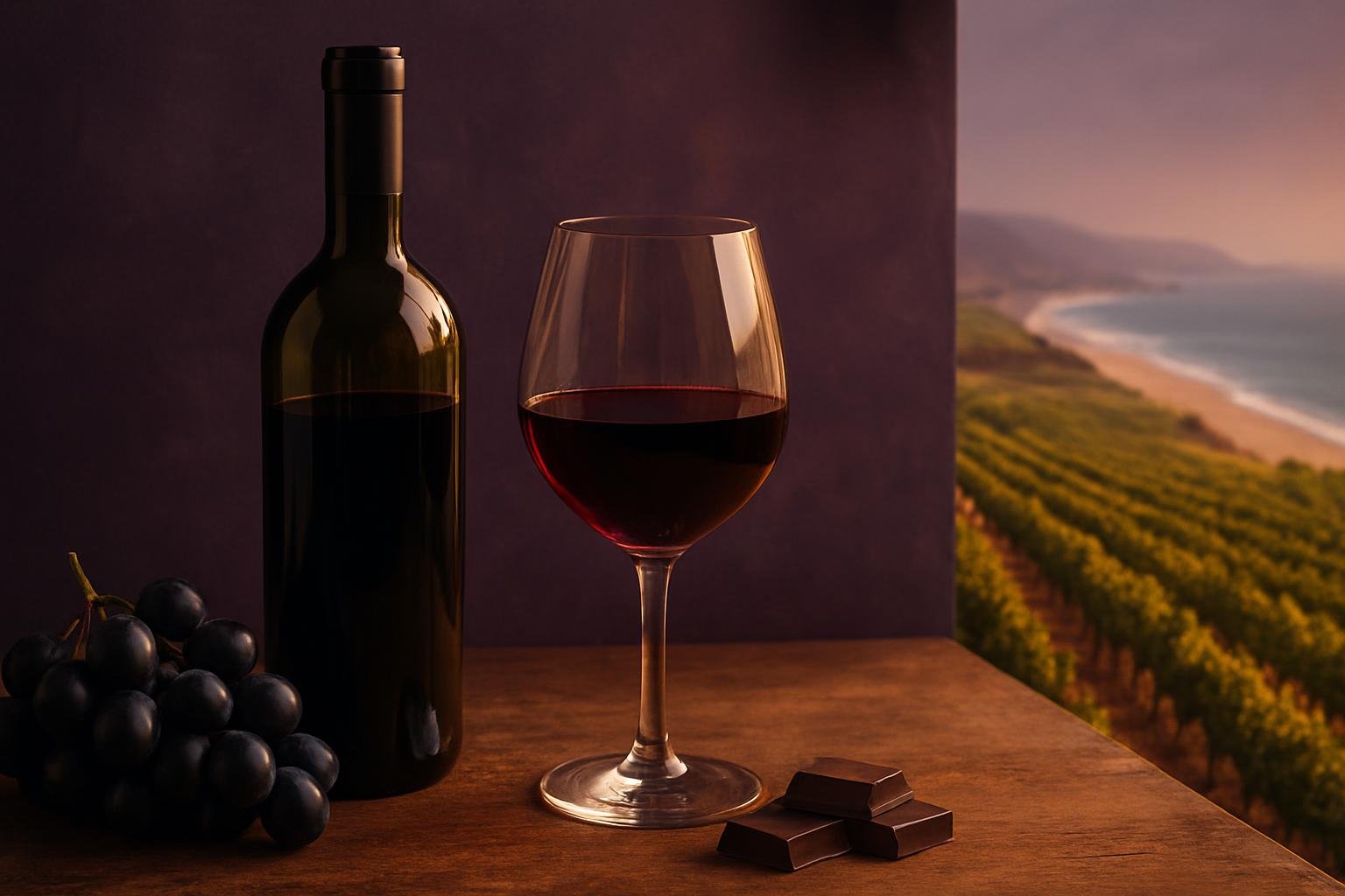 Glass of Shiraz with grapes, McLaren Vale vineyards and the coast behind