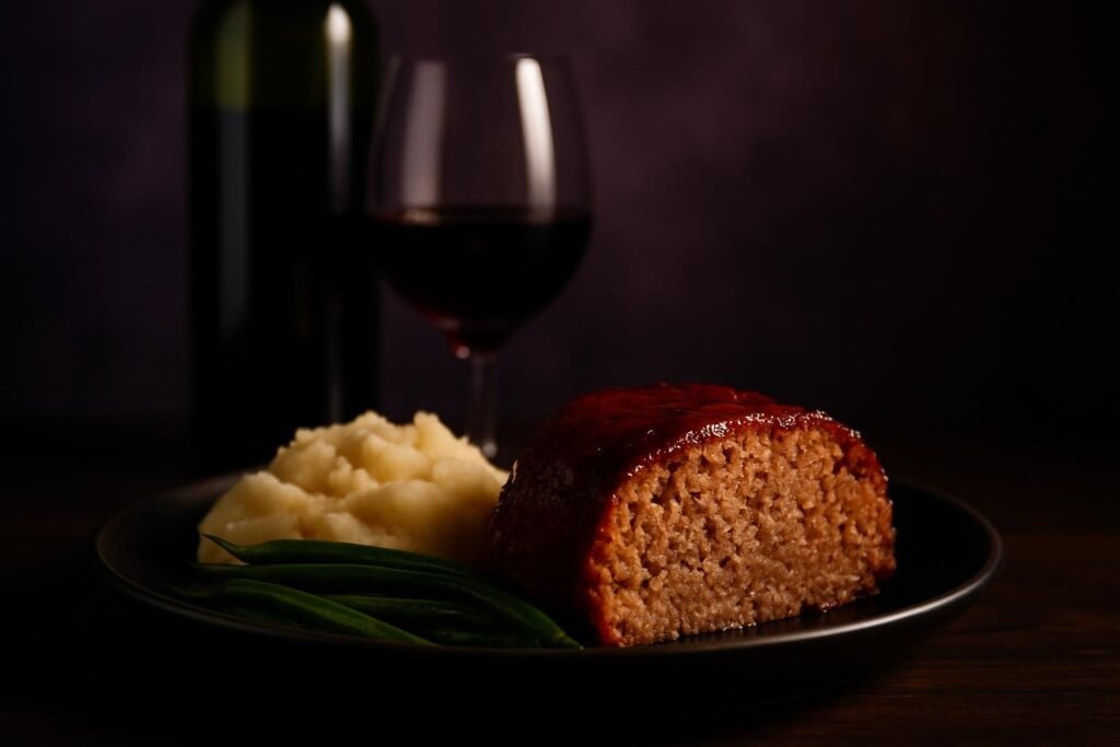 A slice of glazed meatloaf with mashed potato and green beans, a bottle and glass of Merlot behind