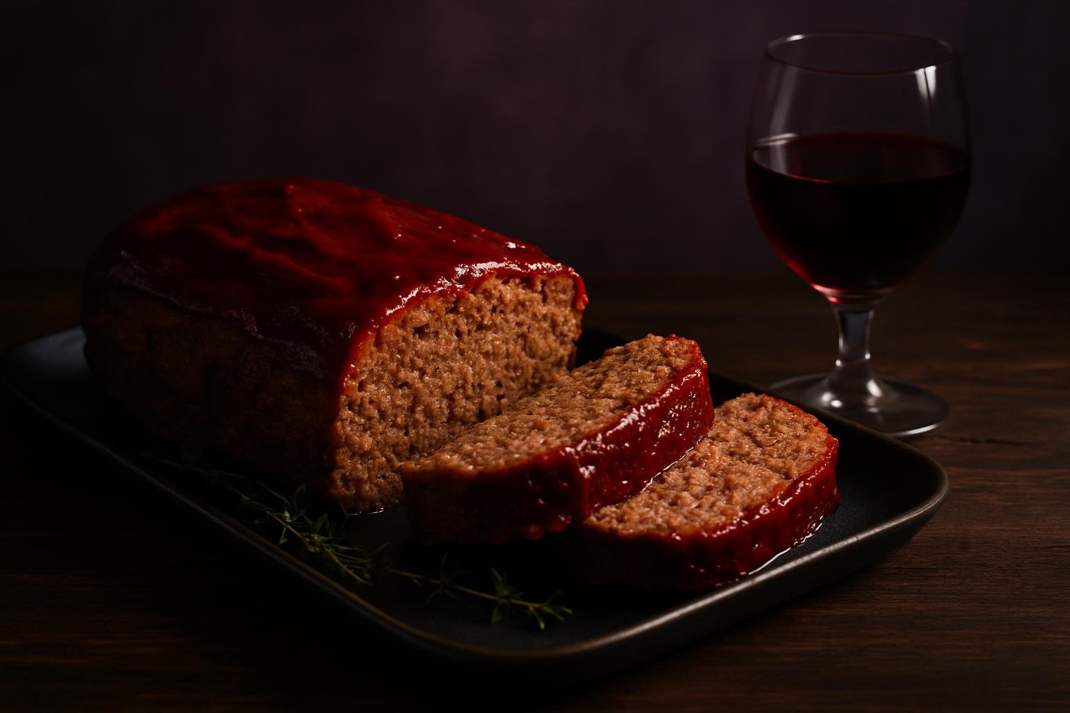 Sliced glazed meatloaf on a dark platter with a glass of red wine beside it
