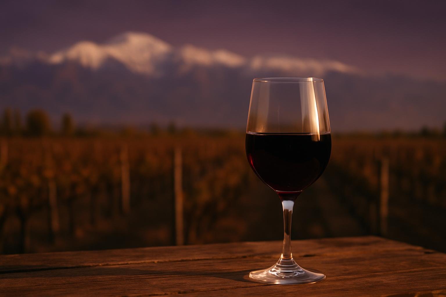 Glass of Malbec with vineyards and the Andes behind