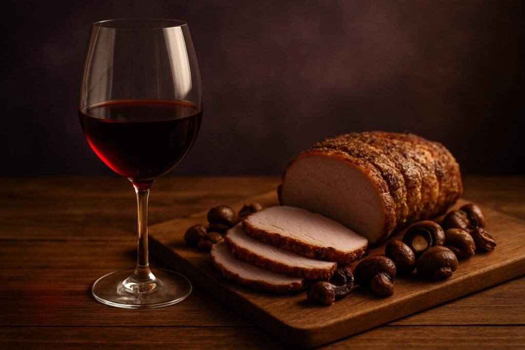 Glass of Merlot beside roast pork and mushrooms on a timber table