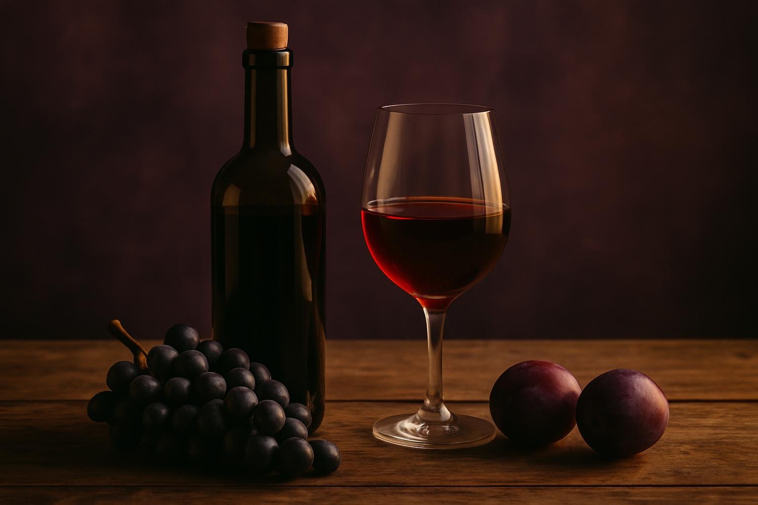 Bottle and glass of Merlot red wine with dark grapes and plums on a timber table
