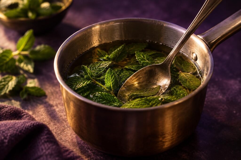 Mint leaves steeping in warm sugar syrup in a small saucepan