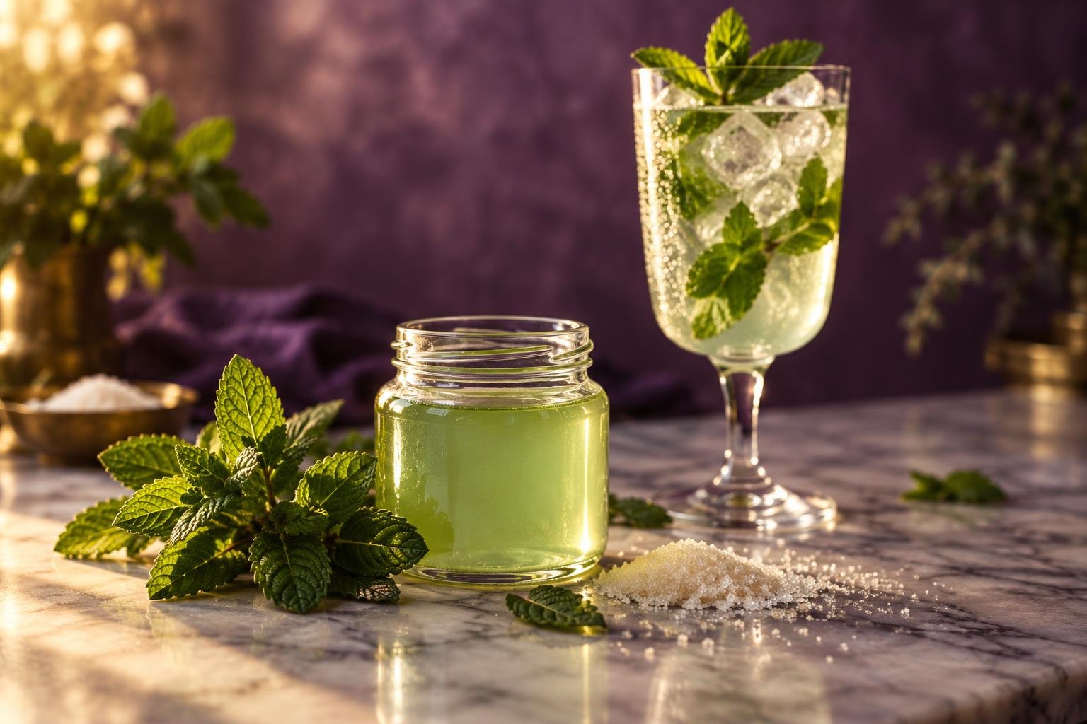 A jar of homemade mint simple syrup with fresh mint and sugar on a marble bench