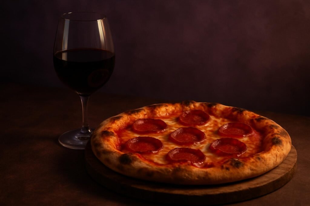 Montepulciano Wine Guide: The Rustic Charmer of Italian Wine 2 Glass of Montepulciano beside a salami pizza on a timber board